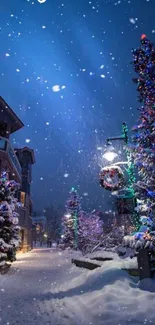 Snowy Christmas street with festive lights.