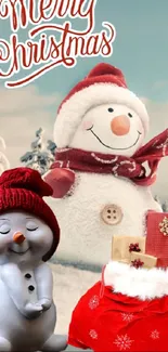 Merry Christmas wallpaper with snowman and snowy landscape.