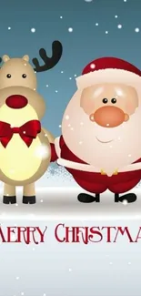 Cartoon Santa and reindeer in snowy Christmas wallpaper.