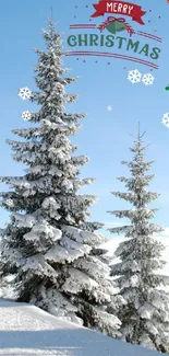 Snowy Christmas tree landscape with festive decorations.