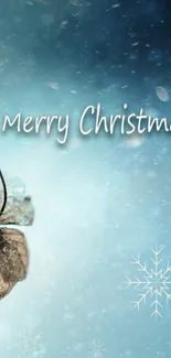 Merry Christmas text with wintery blue background and snowflakes.