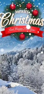 Merry Christmas mobile wallpaper with snowy mountain landscape.