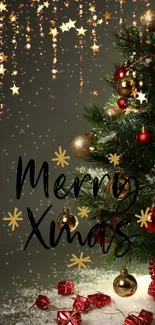 Festive wallpaper with a Christmas tree and Merry Xmas text.