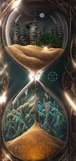 Intricate hourglass with forest inside.