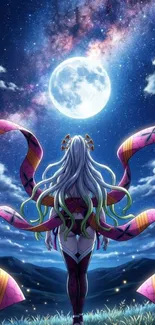 Anime character under a glowing night sky with a full moon and stars.