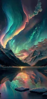 Serene Northern Lights over a mountain lake with vibrant colors.