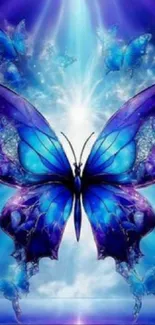 Majestic blue butterfly with glowing wings and an ethereal background.