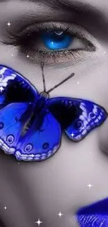 Blue butterfly on grayscale face with matching lips and eyes.