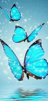 Vibrant blue butterflies with sparkles over a reflective water surface.