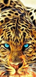 Artistic digital leopard with blue eyes and golden hues on a mobile wallpaper.