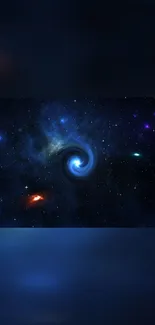 Blue galaxy swirl with stars and nebula in cosmic wallpaper.