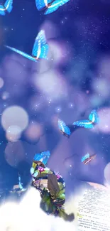 Enchanting night sky with blue butterflies floating in a dreamlike atmosphere.