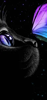 Black cat gazes at purple butterfly against a starry night sky in digital art.