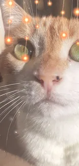 Orange and white cat with glowing eyes and light orbs.