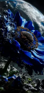 A cosmic blue flower with a lunar backdrop on mobile wallpaper.