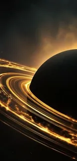 Dark planet with glowing rings in space wallpaper.