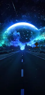 Cosmic road wallpaper with glowing planet under a starlit night sky.