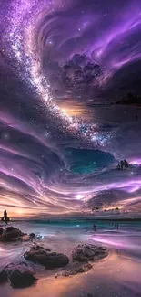 Purple cosmic sky over ocean with stars in stunning wallpaper.