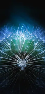 Glowing dandelion with blue and green hues on a mobile wallpaper.