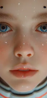 Close-up of realistic digital art face with blue eyes and peach tones.