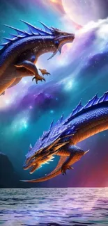 Two blue dragons soar in a vibrant fantasy night sky.