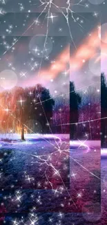 Fantasy landscape wallpaper with mystical tree and glowing stars.