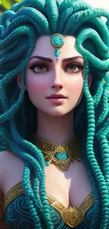 Fantasy Medusa character with turquoise hair in a lush forest setting.