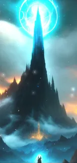 Magical fantasy scene with mountain and glowing ring.