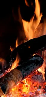 Mobile wallpaper of flickering fire flames with glowing embers and burning wood.