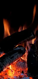 A close-up view of burning logs with vibrant orange flames on a dark background.