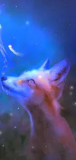 Fox and glowing jellyfish under a blue night sky.