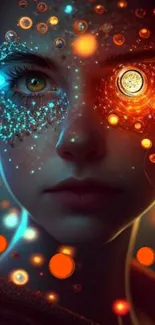 Futuristic digital portrait with glowing lights on eyes in vibrant colors.