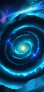 A vibrant electric blue galaxy spiral with cosmic swirls.