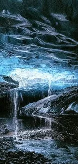 Iceland glacier cave with glowing blue ice.