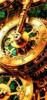 Intricate golden clockwork with green accents, ideal for steampunk lovers.