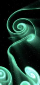 Luminescent green swirls on a starry black background.