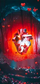 Glowing geometric heart in a mystical forest backdrop with vibrant colors.