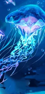 Bright blue and purple jellyfish fantasy art wallpaper with glowing tendrils.