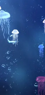 Luminescent jellyfish floating in a deep blue ocean wallpaper.