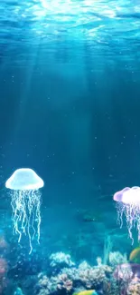 Glowing jellyfish in a vibrant blue ocean setting with colorful coral.