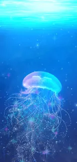 Glowing jellyfish floating in a tranquil blue ocean, perfect for mobile wallpaper.