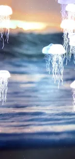 Floating jellyfish over calm ocean waves during a mesmerizing sunset.