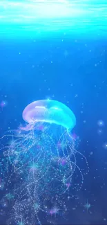 Jellyfish glows in the deep blue ocean, creating a mesmerizing and calming wallpaper.