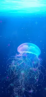 Glowing jellyfish illuminated under deep blue ocean waters.