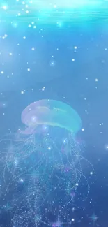 Ethereal blue jellyfish with sparkling bubbles in an underwater scene.