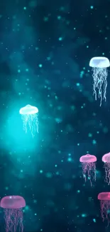 Vibrant jellyfish floating in a teal underwater background.