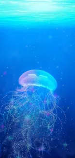 Mesmerizing blue jellyfish glowing underwater amidst sparkling bubbles.