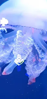 A mesmerizing jellyfish with flowing tentacles on a deep blue background.