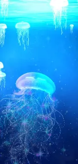 Glowing jellyfish in a deep blue ocean wallpaper.