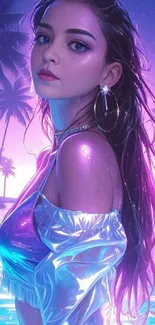 A stunning neon-lit beach scene with a woman and palm trees.